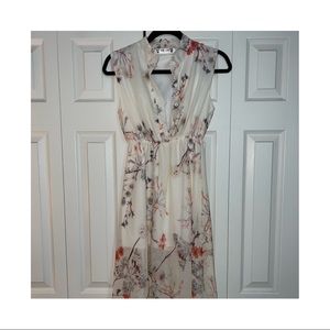 floral sleeveless sheer button-up A-line midi dress